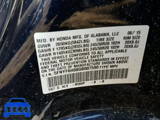 2016 HONDA PILOT ELIT 5FNYF6H08GB007590 image 9