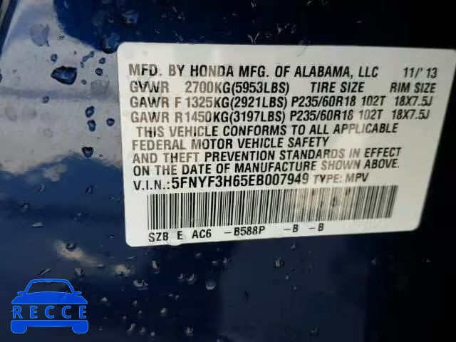 2014 HONDA PILOT EXL 5FNYF3H65EB007949 image 9