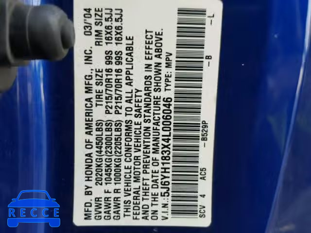 2004 HONDA ELEMENT LX 5J6YH183X4L006046 image 9