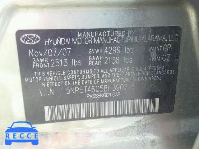 2008 HYUNDAI SONATA 5NPET46C58H390775 image 9