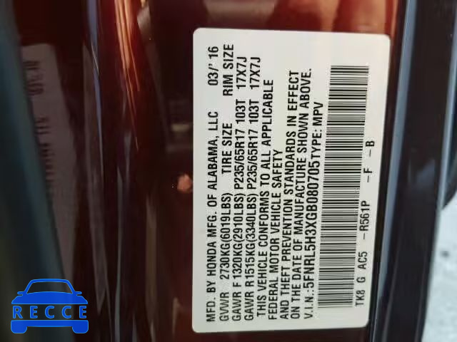 2016 HONDA ODYSSEY SE 5FNRL5H3XGB080705 image 9