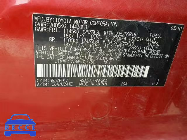 2010 TOYOTA RAV4 SPORT JTMWF4DV8A5027750 image 9
