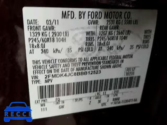 2011 FORD EDGE SEL A 2FMDK4JC8BBB12523 image 9