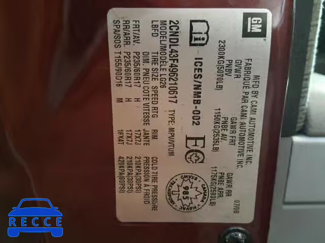 2009 CHEVROLET EQUINOX LT 2CNDL43F496210617 image 9
