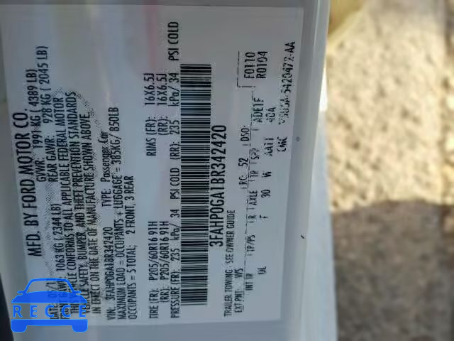 2011 FORD FUSION S 3FAHP0GA1BR342420 зображення 9