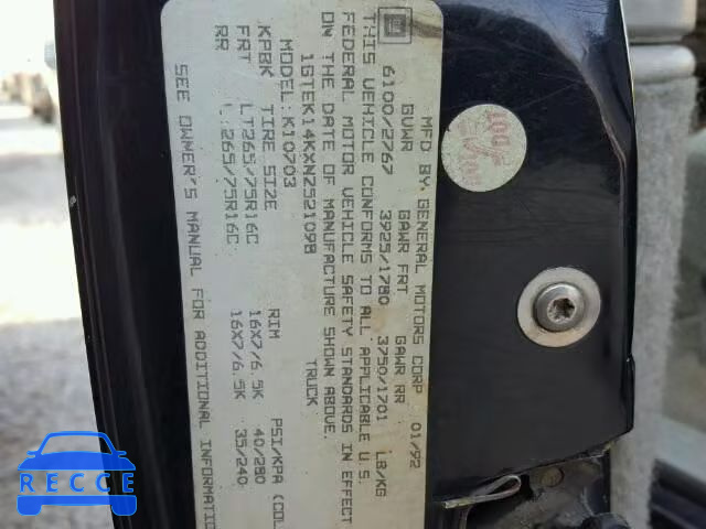 1992 GMC SIERRA K15 1GTEK14KXNZ521098 image 9
