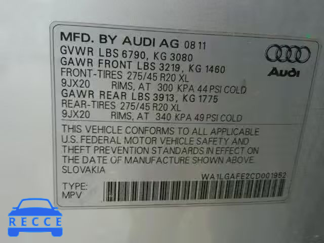 2012 AUDI Q7 PREMIUM WA1LGAFE2CD001952 image 9