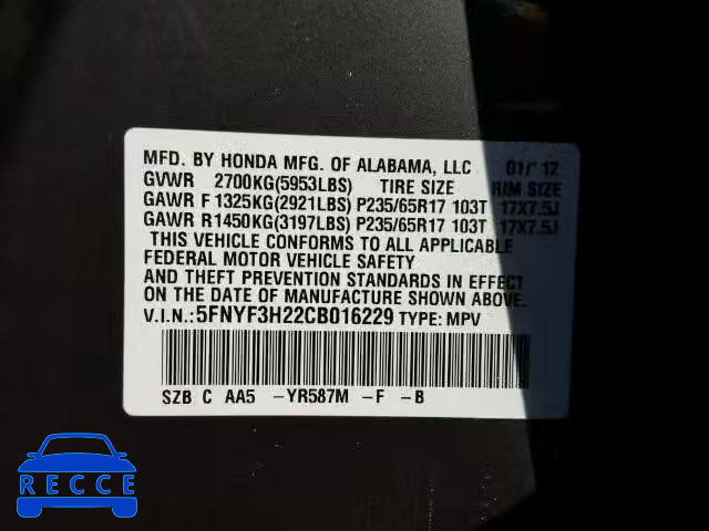 2012 HONDA PILOT LX 5FNYF3H22CB016229 image 9