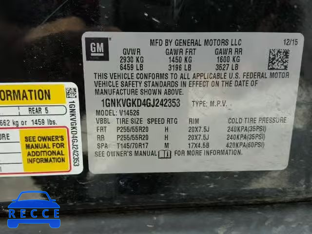 2016 CHEVROLET TRAVERSE L 1GNKVGKD4GJ242353 Bild 9