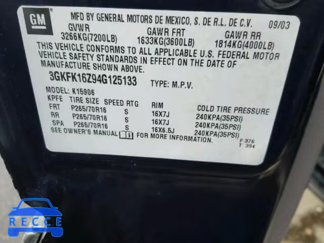 2004 GMC YUKON XL K 3GKFK16Z94G125133 image 9