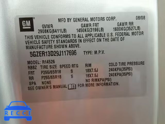 2009 SATURN OUTLOOK XE 5GZER13D29J117696 image 9