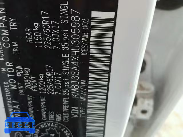 2017 HYUNDAI TUCSON LIM KM8J33A4XHU305987 image 9