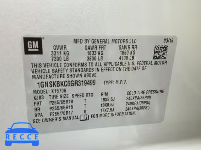 2016 CHEVROLET TAHOE LT 1GNSKBKC6GR319499 image 9