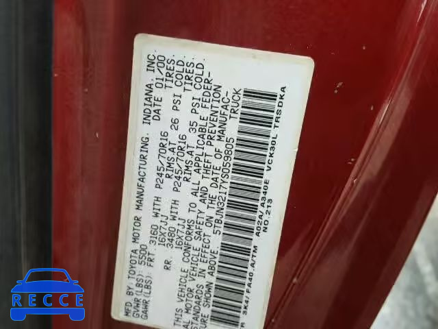 2000 TOYOTA TUNDRA 5TBJN3217YS059805 image 9