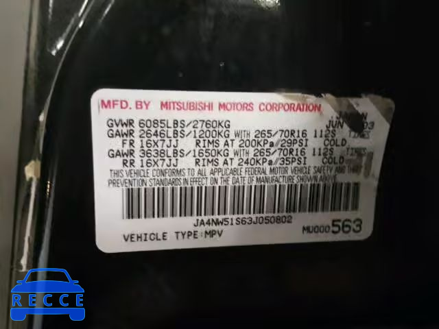 2003 MITSUBISHI MONTERO LI JA4NW51S63J050802 image 9