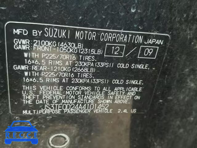 2010 SUZUKI GRAND VITA JS3TE0D24A4101452 зображення 9