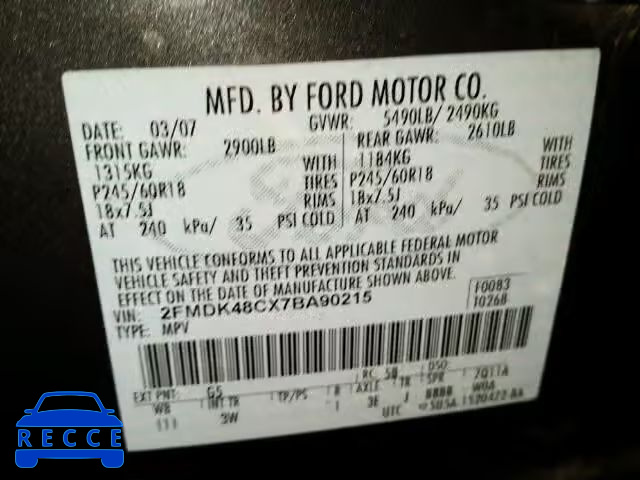 2007 FORD EDGE SEL A 2FMDK48CX7BA90215 зображення 9