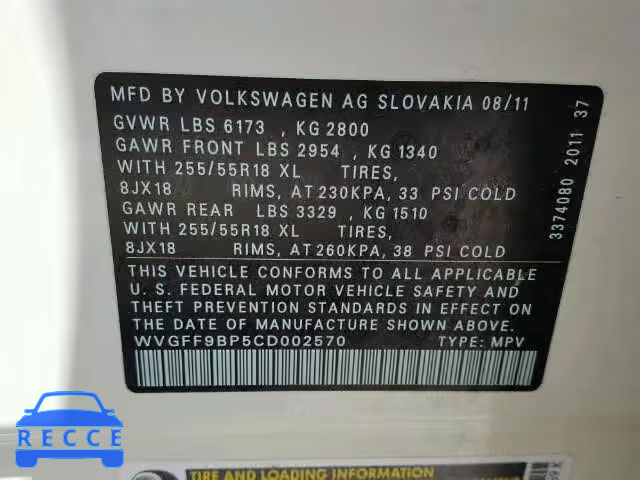 2012 VOLKSWAGEN TOUAREG V6 WVGFF9BP5CD002570 зображення 9