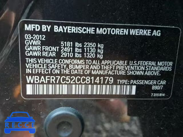 2012 BMW 535I WBAFR7C52CC814179 зображення 9