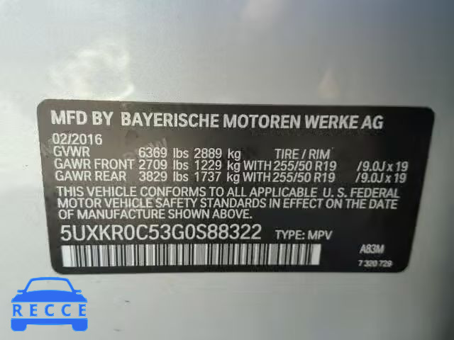 2016 BMW X5 XDRIVE3 5UXKR0C53G0S88322 зображення 9