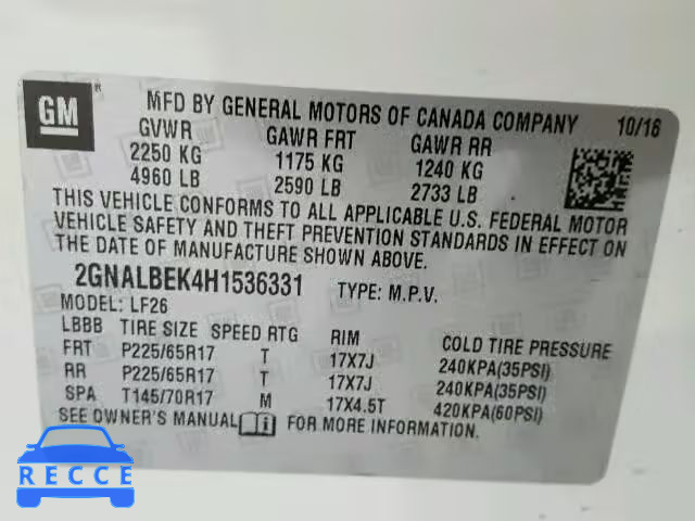 2017 CHEVROLET EQUINOX LS 2GNALBEK4H1536331 image 9