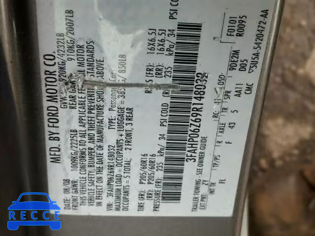2009 FORD FUSION S 3FAHP06Z69R148032 image 9