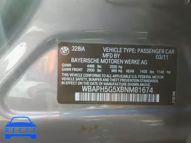 2011 BMW 328I SULEV WBAPH5G5XBNM81674 зображення 9