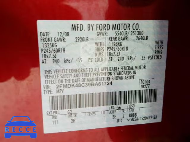 2009 FORD EDGE SEL A 2FMDK48C39BA61724 image 9