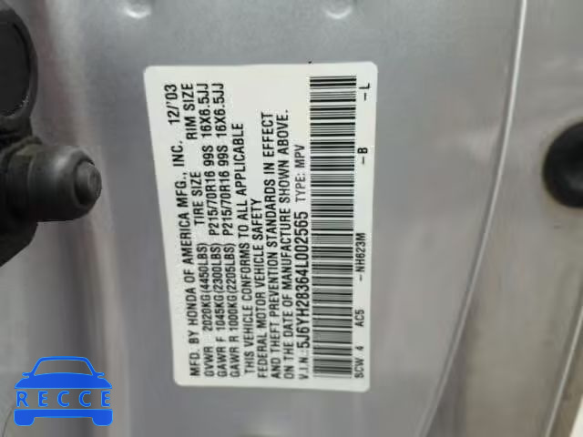 2004 HONDA ELEMENT LX 5J6YH28364L002565 image 9