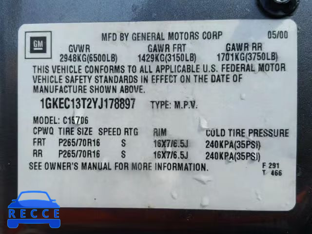 2000 GMC YUKON 1GKEC13T2YJ178897 image 9