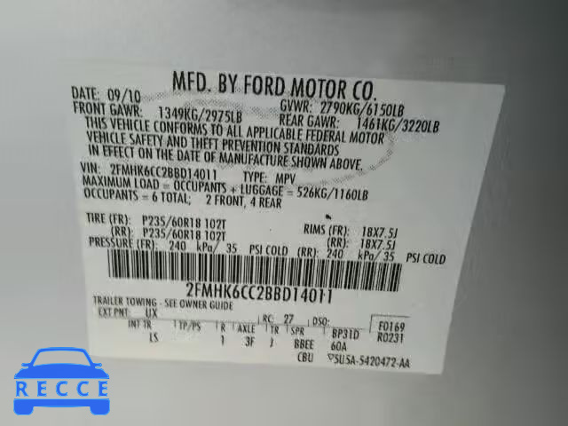 2011 FORD FLEX SEL 2FMHK6CC2BBD14011 зображення 9