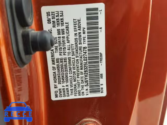 2005 HONDA ELEMENT LX 5J6YH28325L027478 image 9