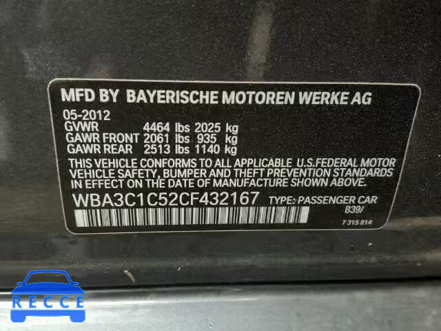 2012 BMW 328I SULEV WBA3C1C52CF432167 зображення 9
