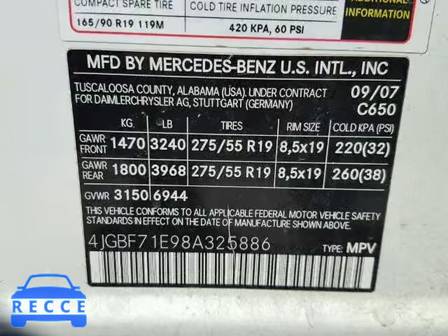 2008 MERCEDES-BENZ GL450 4 MA 4JGBF71E98A325886 зображення 9