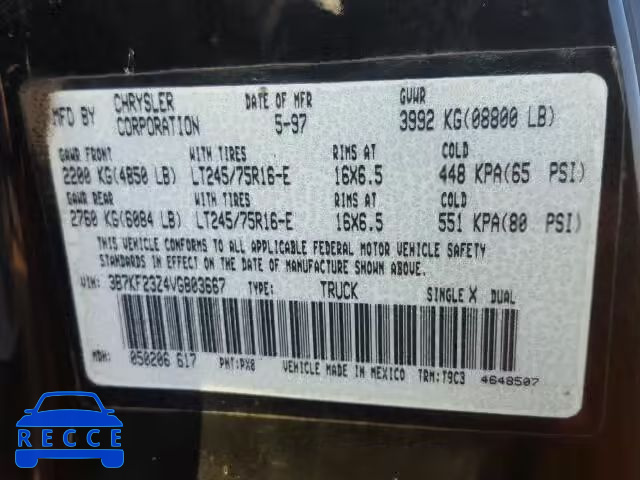 1997 DODGE RAM 2500 3B7KF23Z4VG803667 зображення 9