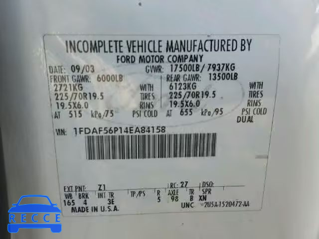 2004 FORD F550 SUPER 1FDAF56P14EA84158 image 9