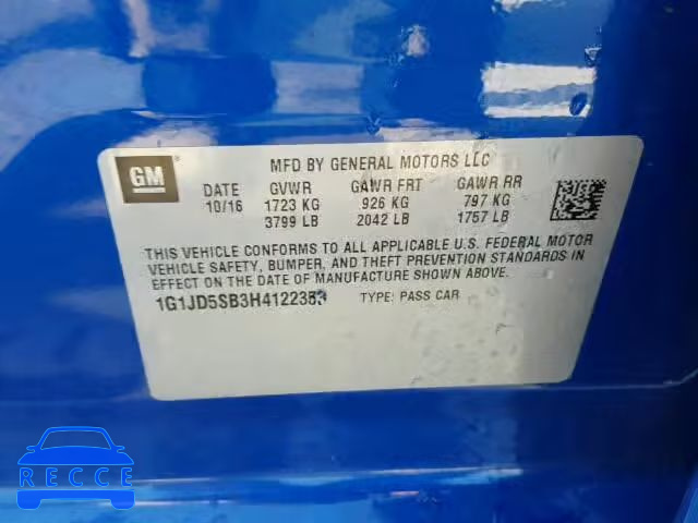 2017 CHEVROLET SONIC LT 1G1JD5SB3H4122353 image 9