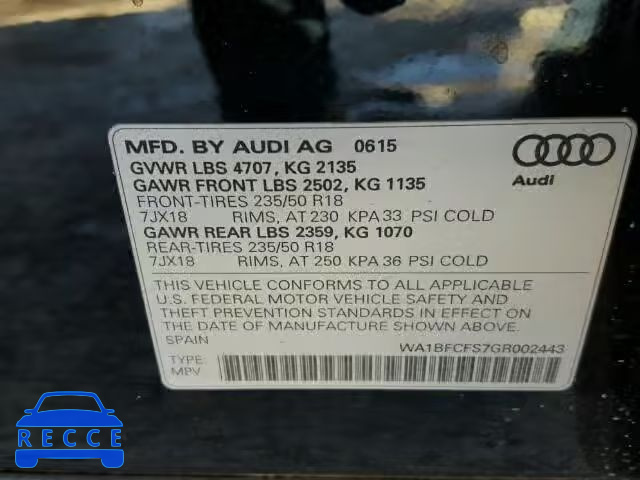 2016 AUDI Q3 2.0T PR WA1BFCFS7GR002443 Bild 9