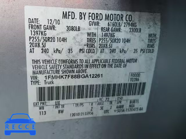 2011 FORD EXPLORER L 1FMHK7F88BGA12261 image 9