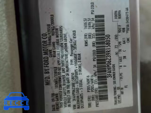 2009 FORD FUSION S 3FAHP06Z39R158050 image 9
