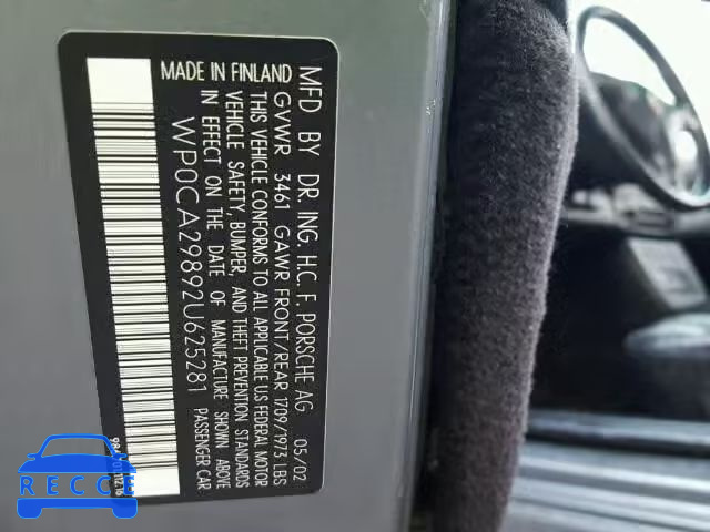 2002 PORSCHE BOXSTER WP0CA29892U625281 image 9