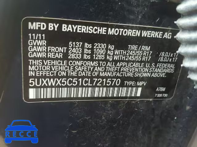 2012 BMW X3 XDRIVE2 5UXWX5C51CL721570 image 9