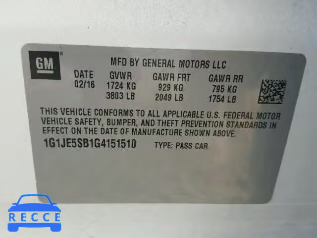 2016 CHEVROLET SONIC LTZ 1G1JE5SB1G4151510 Bild 9