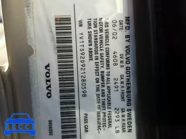 2002 VOLVO S80 YV1TS92D921280598 image 9