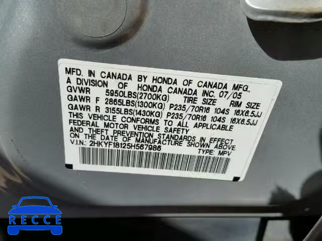 2005 HONDA PILOT LX 2HKYF18125H567986 image 9