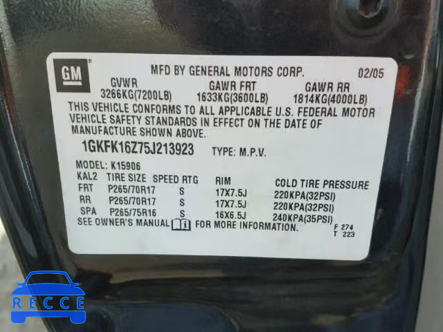 2005 GMC YUKON XL K 1GKFK16Z75J213923 image 9