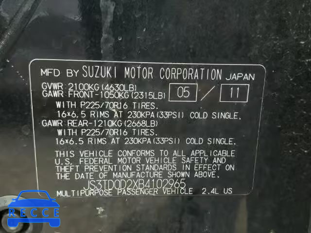 2011 SUZUKI GRAND VITA JS3TD0D2XB4102965 image 9