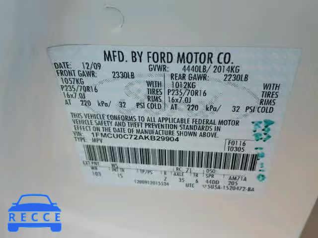 2010 FORD ESCAPE XLS 1FMCU0C72AKB29904 image 9