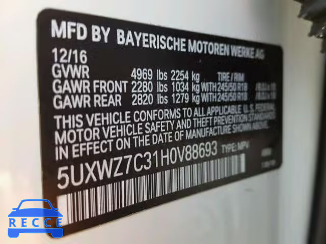 2017 BMW X3 SDRIVE2 5UXWZ7C31H0V88693 зображення 9