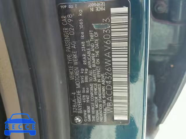 1998 BMW 328I AUTOMATIC WBACD4326WAV60353 image 9